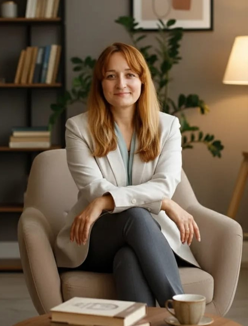 Bild für die Über mich Sektion. Ekaterina sitzt auf dem Sessel.